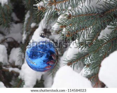 New Year decorations on natural trees covered with snow,New Year decorations,image  Ã¢Â?Â?Viewfinderchallenge2Ã¢Â?Â�