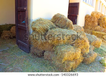 A pile of hay in front of the barn doors, The entrance to the barn, photography