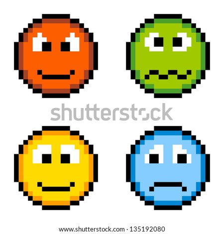 8-bit pixel emotion icons: angry, sick, happy, sad