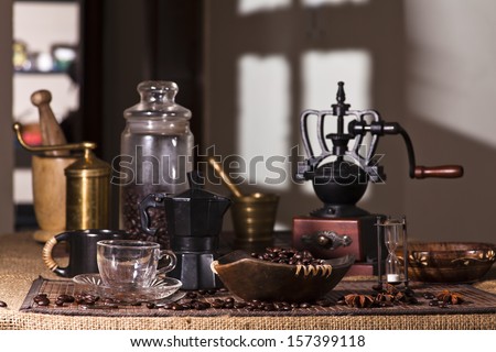 Coffee making with roasted coffee beans Atmospheric traditional coffee concept