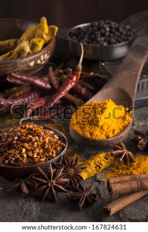Indian spices/ Chili Flakes, Turmeric, Chili , Cardamom, Star Anise, Black Pepper