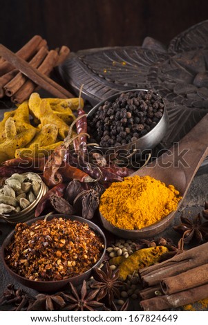 Indian spices/ Chili Flakes, Turmeric, Chili , Cardamom, Star Anise, Black Pepper