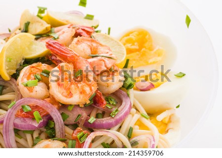 Prawn Noodles with eggs, lime, and onion