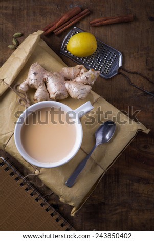 Indian masala tea with ginger, cardamom, lemon and cinnamon