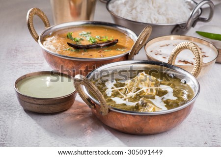 Northern Indian Dinner. Dal tadka, Palak Paneer, Green Chutney, Raita and Butter naan.