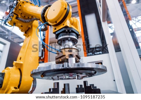 Robotic Arm production lines modern industrial technology. Automated production cell.