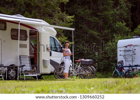 Family vacation travel, holiday trip in motorhome, Caravan car Vacation VR. Beautiful Nature Italy natural landscape Alps.