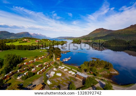 Beautiful Nature Norway natural landscape. Aerial view of the campsite to relax. Family vacation travel, holiday trip in motorhome RV.
