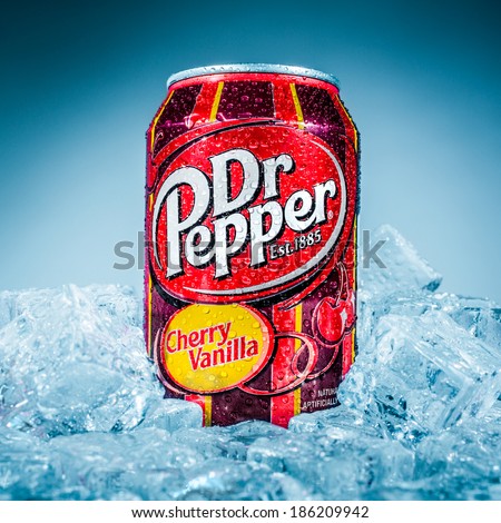MOSCOW, RUSSIA-APRIL 4, 2014: Can of Dr Pepper Cherry Vanilla soft drink on ice. Dr Pepper is a soft drink marketed as having a unique flavor. The drink was created in the 1880s.