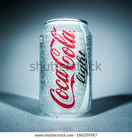 MOSCOW, RUSSIA-APRIL 4, 2014: Can of Coca-Cola Lignt. Coca-Cola is a carbonated soft drink sold in stores, restaurants, and vending machines throughout the world.