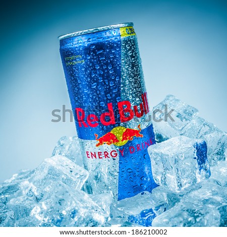 MOSCOW, RUSSIA-APRIL 4, 2014: Can of Red Bull Energy Drink. In terms of market share, Red Bull is the most popular energy drink in the world, with 5.387 billion cans sold in 2013.