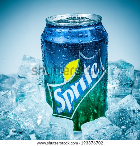 MOSCOW, RUSSIA-APRIL 4, 2014: Can of Coca Cola company soft drink Sprite on ice. It was introduced in the United States in 1961. This was Coke\'s response to the popularity of 7 Up.