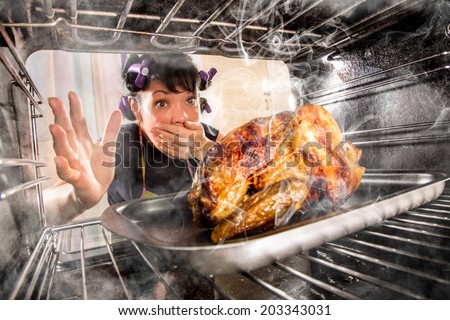 Funny Housewife overlooked roast chicken in the oven, so she had scorched, view from the inside of the oven. Housewife perplexed and angry. Loser is destiny!