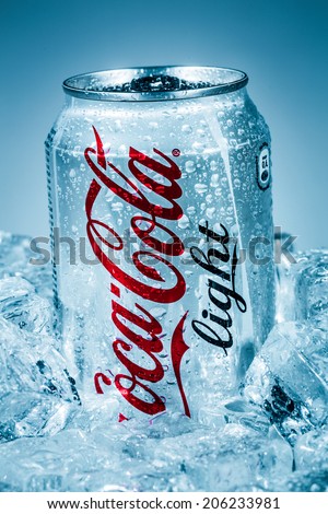 MOSCOW, RUSSIA-APRIL 4, 2014: Can of Coca-Cola Lignt on ice. Coca-Cola is a carbonated soft drink sold in stores, restaurants, and vending machines throughout the world.