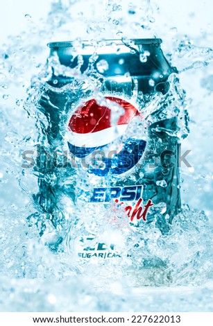 MOSCOW, RUSSIA-APRIL 4, 2014: Can of Pepsi cola Lignt in water.Pepsi is a carbonated soft drink that is produced and manufactured by PepsiCo. Created and developed in 1893.