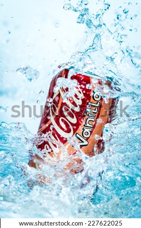 MOSCOW, RUSSIA-APRIL 4, 2014: Can of Coca-Cola Vanilla in water. Coca-Cola is a carbonated soft drink sold in stores, restaurants, and vending machines throughout the world.