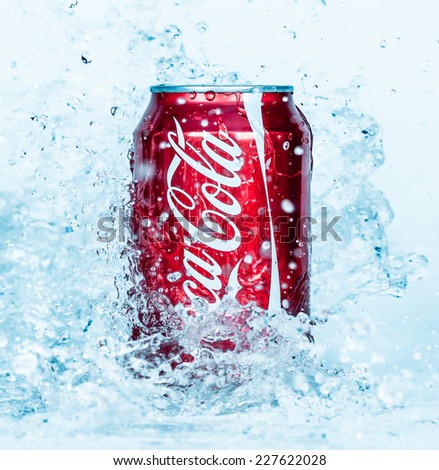 MOSCOW, RUSSIA-APRIL 4, 2014: Can of Coca-Cola in water. Coca-Cola is a carbonated soft drink sold in stores, restaurants, and vending machines throughout the world.