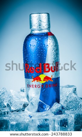MOSCOW, RUSSIA-APRIL 4, 2014: Bottle of Red Bull Energy Drink. In terms of market share, Red Bull is the most popular energy drink in the world, with 5.387 billion cans sold in 2013.