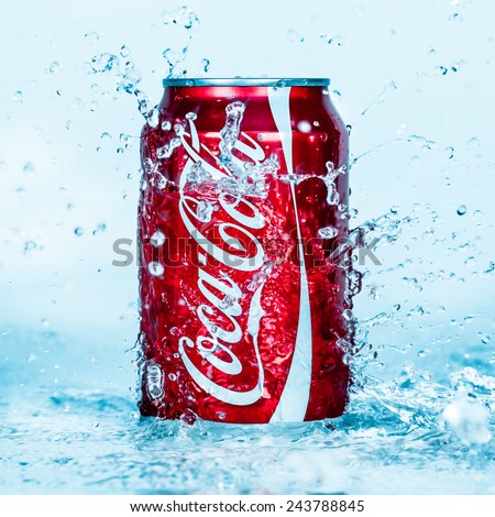 MOSCOW, RUSSIA-APRIL 4, 2014: Can of Coca-Cola in water. Coca-Cola is a carbonated soft drink sold in stores, restaurants, and vending machines throughout the world.