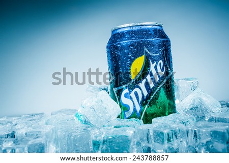 MOSCOW, RUSSIA-APRIL 4, 2014: Can of Coca Cola company soft drink Sprite on ice. It was introduced in the United States in 1961. This was Coke\'s response to the popularity of 7 Up.