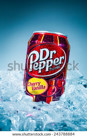 MOSCOW, RUSSIA-APRIL 4, 2014: Can of Dr Pepper Cherry Vanilla soft drink on ice. Dr Pepper is a soft drink marketed as having a unique flavor. The drink was created in the 1880s.