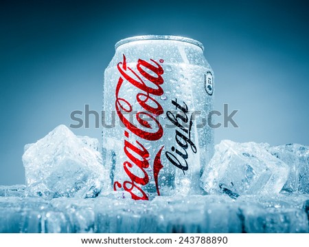 MOSCOW, RUSSIA-APRIL 4, 2014: Can of Coca-Cola Lignt on ice. Coca-Cola is a carbonated soft drink sold in stores, restaurants, and vending machines throughout the world.