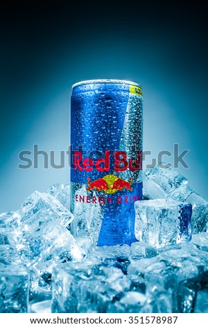 MOSCOW, RUSSIA-APRIL 4, 2014: Can of Red Bull Energy Drink. In terms of market share, Red Bull is the most popular energy drink in the world, with 5.387 billion cans sold in 2013.