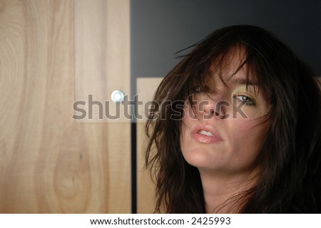 lady with crazy hair against wooden background