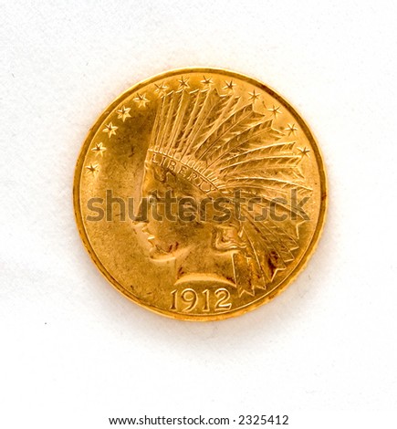 Front of US Ten Dollar Indian Gold Coin on White Background