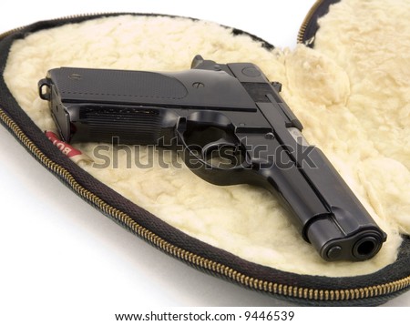 9mm Pistol On Wool Case Isolated On White Background Stock Photo