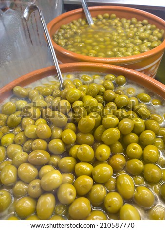 Traditional Greek Mediterranean product olives on store display