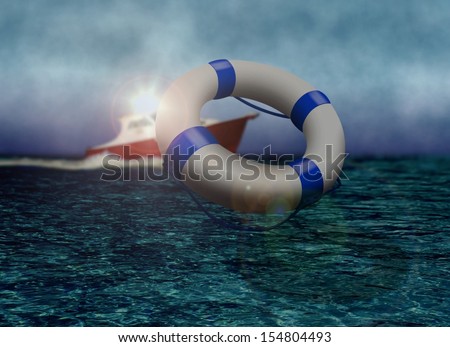 Rescue Boat and Life Buoy at Sea during Stormy Day