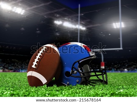 Football Equipment On Grass in Stadium with Spotlights