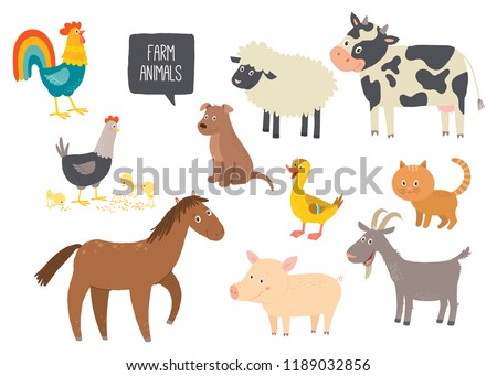 Set of cute farm animals. Horse, cow, sheep, pig, duck, hen, goat, dog, cat, cock Cartoon vector hand drawn eps 10 childrens illustration isolated on white background