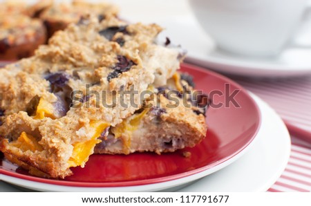 Oat squares with fruit for breakfast close up