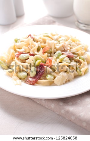 Cooked pasta with lima beans and prosciutto vertical