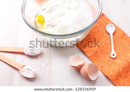 Flour, eggs, cottage cheese and sugar ingredients for baking