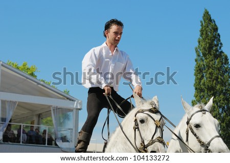 BRUSSELS, BELGIUM-JUNE 2: Unidentified rider show his riding art during EuroFeria Andaluza on June 2, 2012 in Brussels. This celebration of Spanish culture is annual artistic event in Brussels.