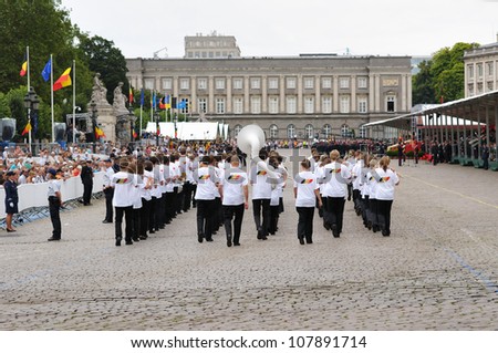 BRUSSELS, BELGIUM - JULY, 21: Belgian La Defense orchestra participates in yearly military parade during National Day of Belgium on July 21, 2009 in Brussels.