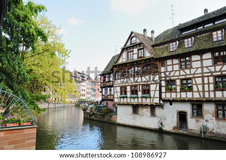 Panorama of Petit France area in Strasbourg in summer afternoon, no visible faces and logos