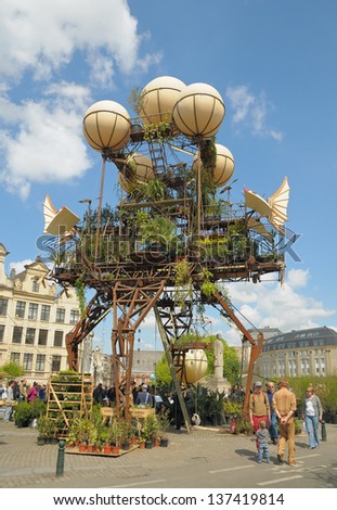 BRUSSELS, BELGIUM-MAY 5: Surrealistic construction decorating Place d\'Albertine made for annual Day of Iris - Fete de l\'Iris on May 5, 2013 in Brussels.