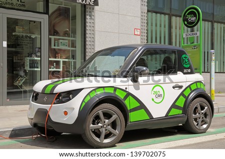 BRUSSELS, BELGIUM-MAY 5: Auto of Zen Car Mobility Solutions the first in Brussels electric cars for hire at its station Shuman in center of city on May 5, 2013 in Brussels.