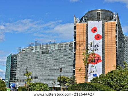 BRUSSELS, BELGIUM-AUGUST 18, 2014: Modern office of European Commission in European Quarter of Brussels with decorations commemorating World War 1914-1918