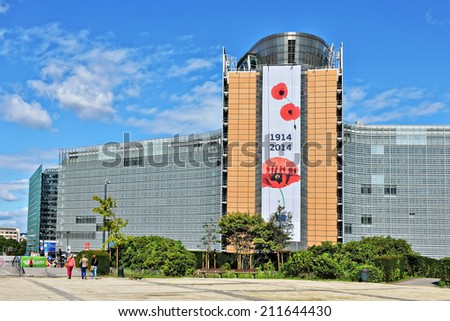 BRUSSELS, BELGIUM-AUGUST 18, 2014: Modern office of European Commission in European Quarter of Brussels with decorations commemorating World War 1914-1918.