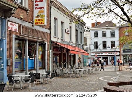 LA LOUVIERE, BELGIUM-AUGUST 22, 2014: Square Jules Mansart is a pedestrian area in center of the city with restaurants and shops