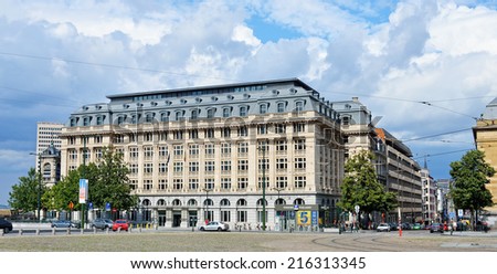 BRUSSELS, BELGIUM-AUGUST 20, 2014: Place Poelaert with buildings of Ministry of Justice. This square is surrounded by the departments and court buildings of the Ministry of Justice