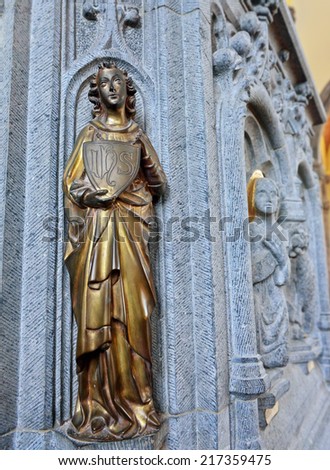 VISE, BELGIUM-JULY 07, 2014: Decorative element of a pulpit in Collegiale Saint-Martin and Saint-Hadelin or church of Saint-Martin of Vise. The history of the church starts from 1338