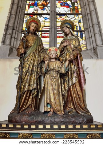 COURTRAI, BELGIUM-FEBRUARY 22, 2014: Statue of Jesus with his parents Saint Joseph and Mary in Saint-Martin's Church of Courtrai or Kortrijk. The church was built in 14-15 centuries