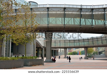 BRUSSELS, BELGIUM-OCTOBER 23, 2014: Modern building of the European Parliament in Brussels in day of European Summit