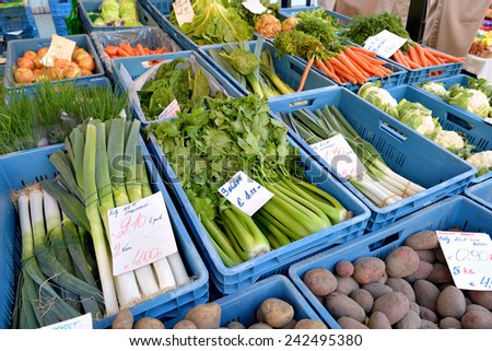 LEUVEN, BELGIUM-SEPTEMBER 12, 2014: Big choice of fresh vegetables on sale during traditional open air market in historical center of the city